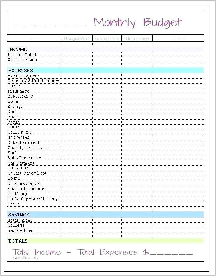 Personal Budget Forms Printable