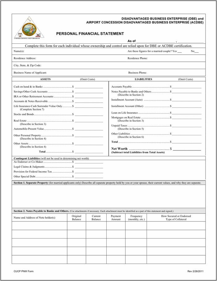 Personal Financial Statement Form Word