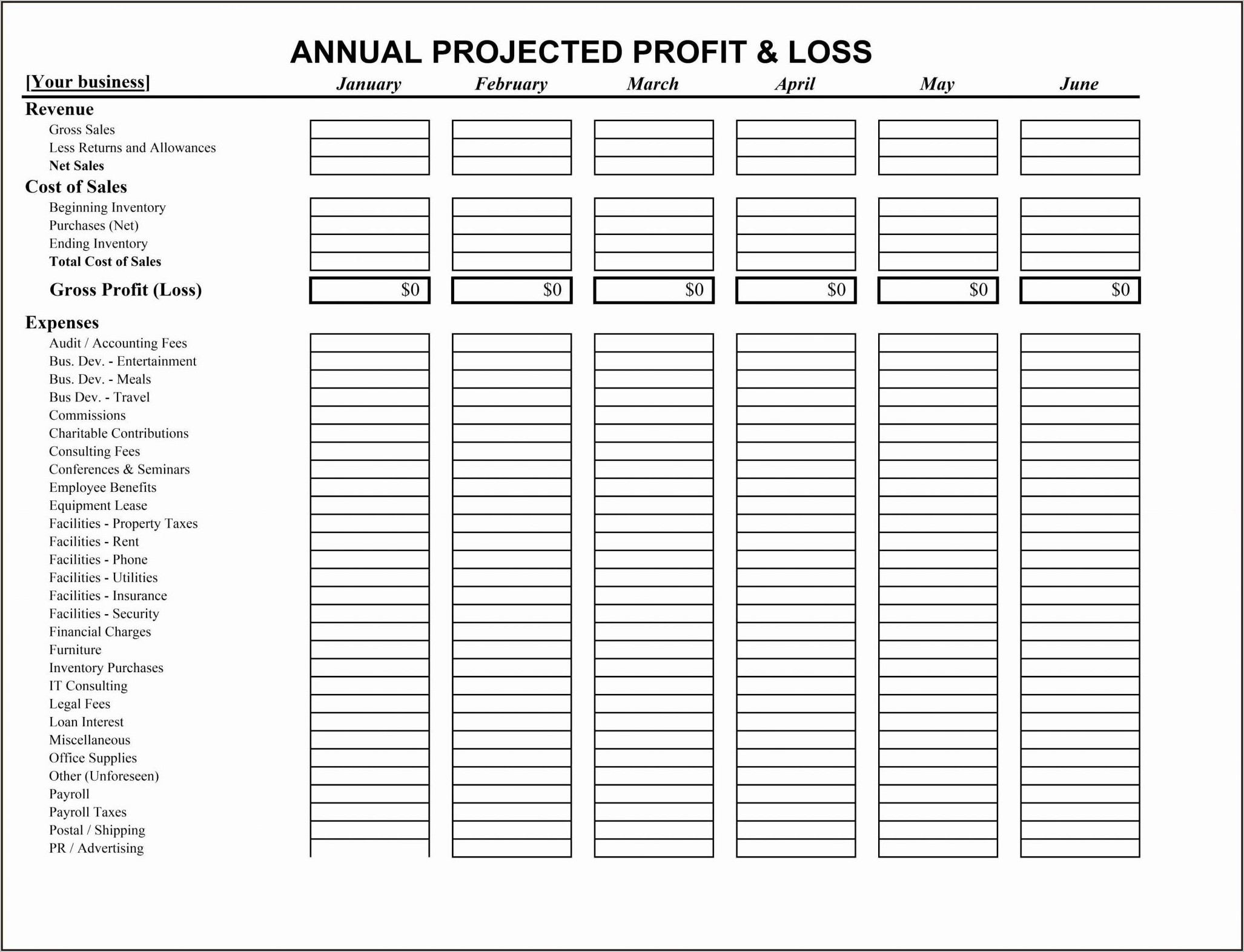 Personal Monthly Profit And Loss Statement Template