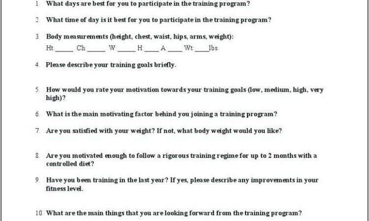 Personal Trainer Questionnaire Template