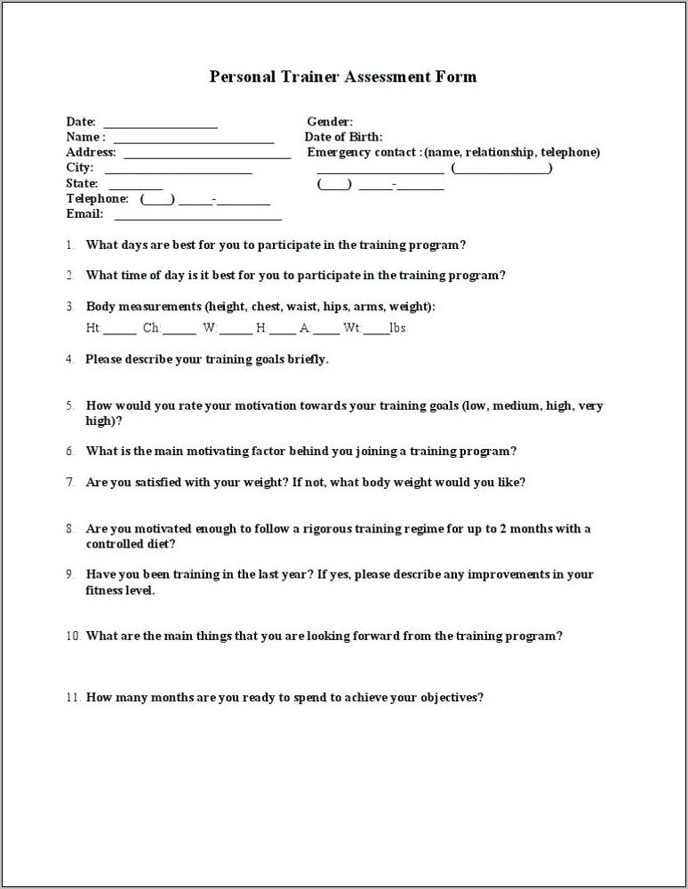 Personal Trainer Questionnaire Template