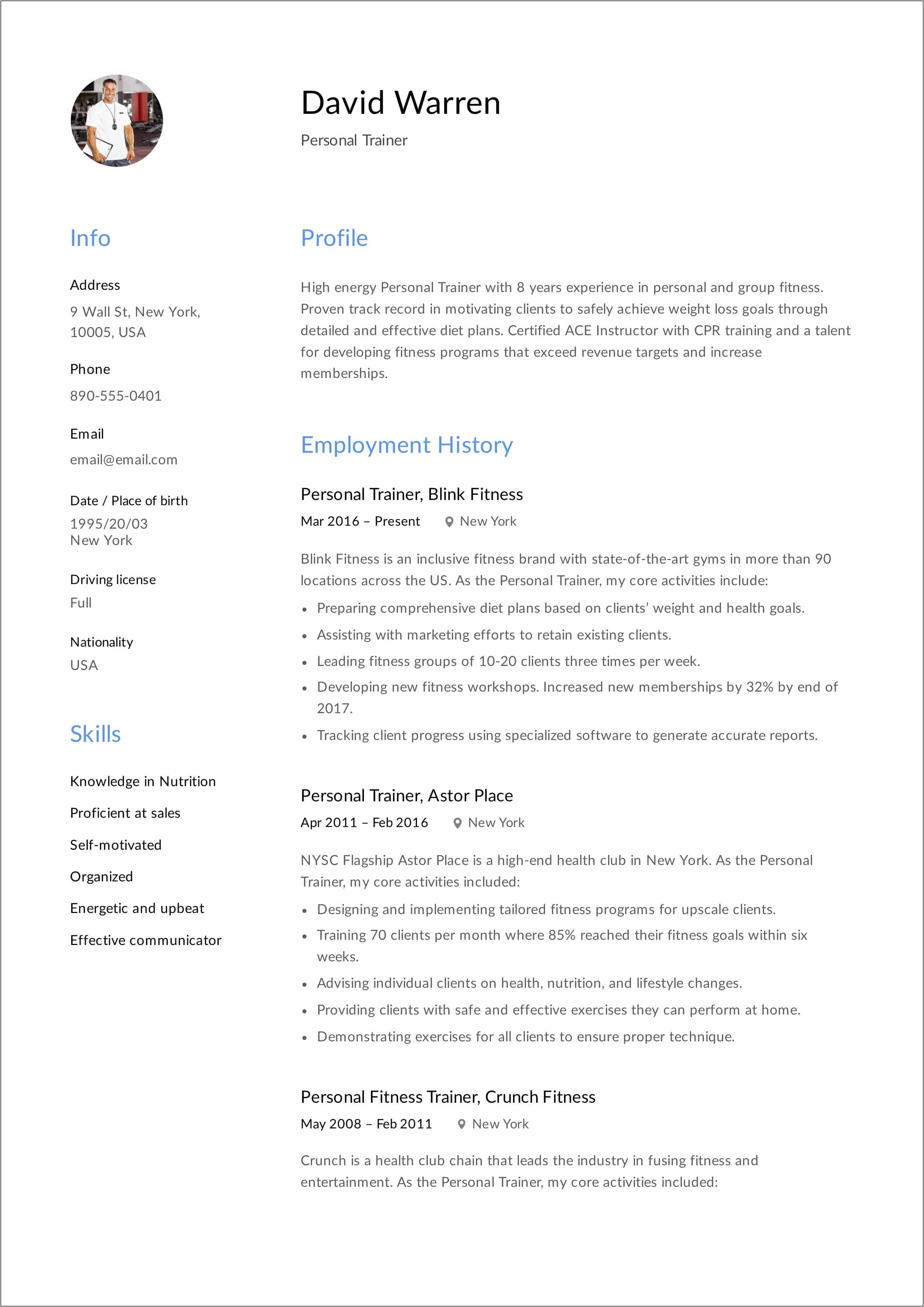 Personal Trainer Resume Samples