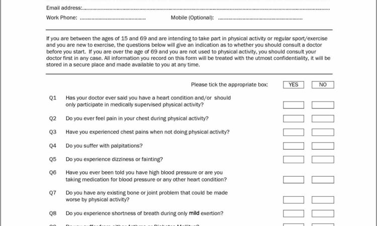 Personal Training Health Screening Questionnaire Template