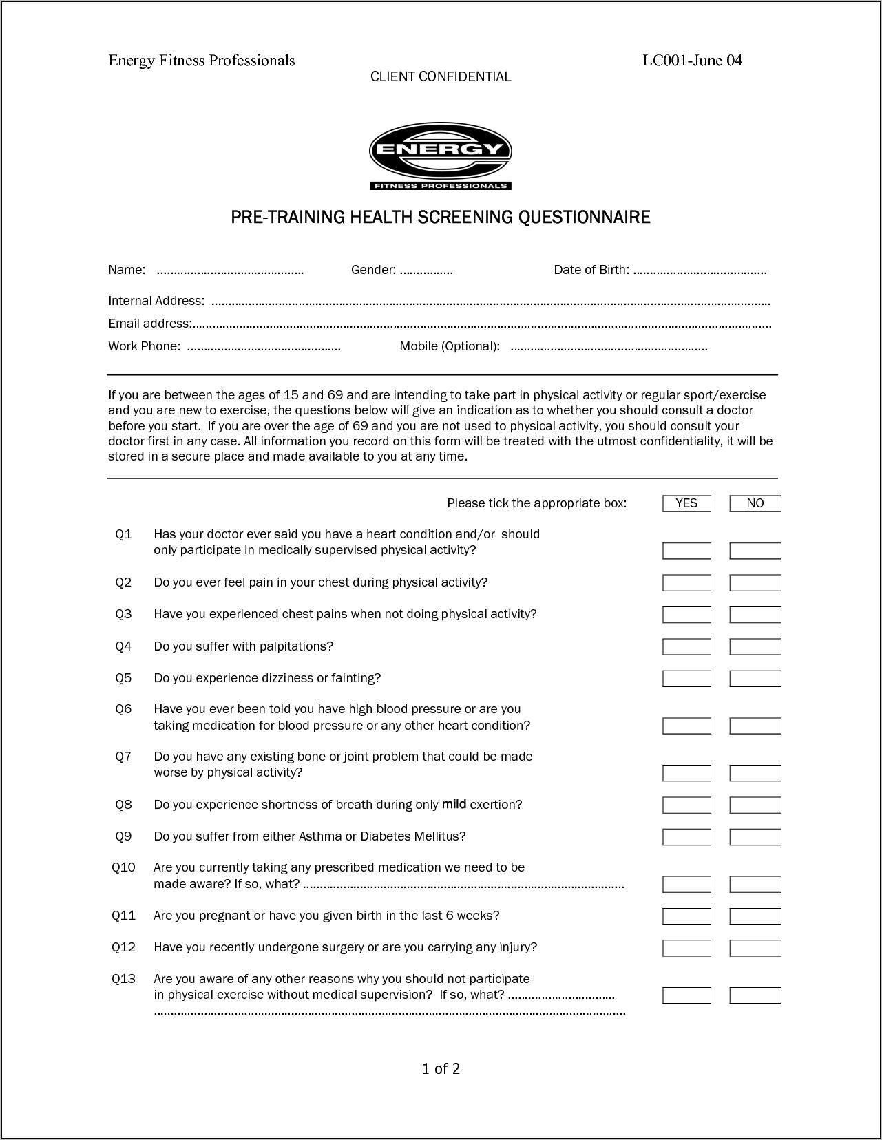 Personal Training Health Screening Questionnaire Template