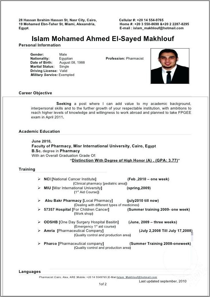 Pharmacist Cv Template Word