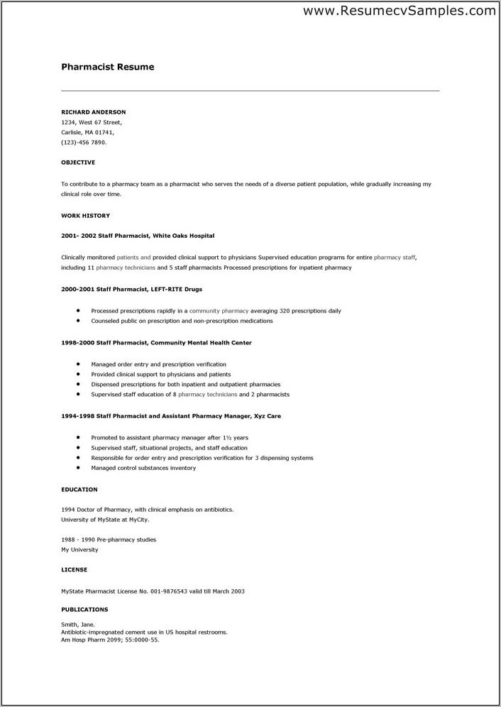 Pharmacist Resume Format India