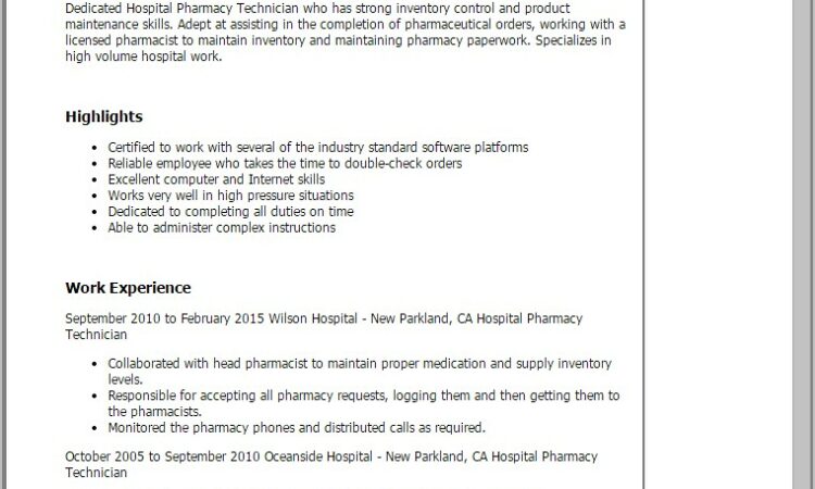 Pharmacy Technician Resume Sample For Hospital