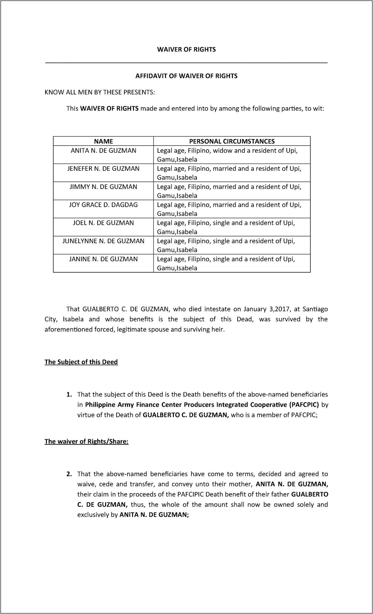 Philippine Legal Forms Waiver Of Rights