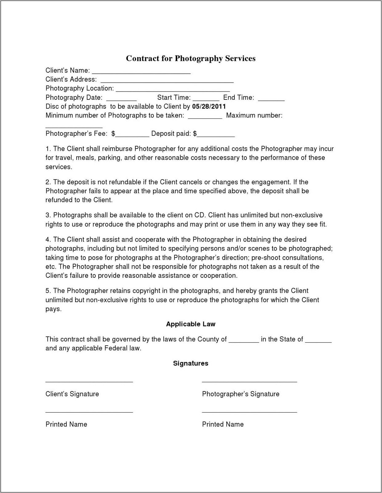 Photography Contract Templates Canada