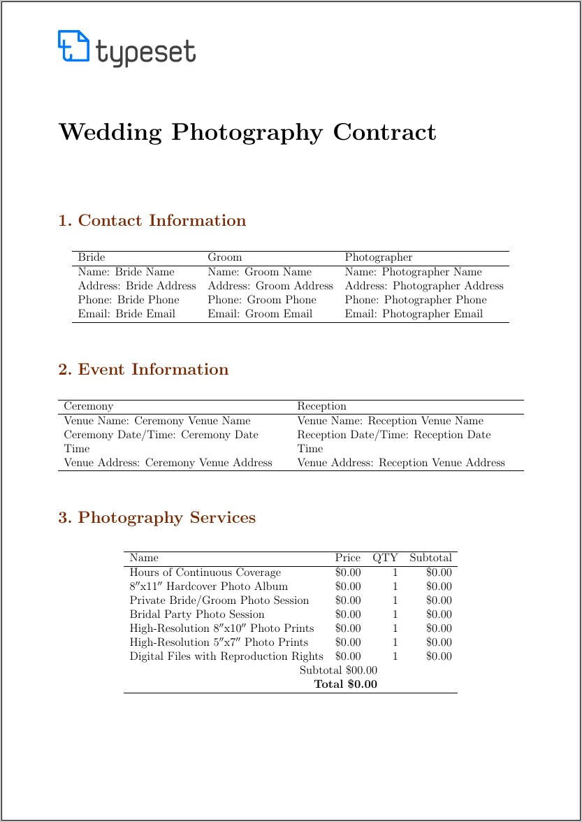 Photography Contract Templates For Weddings
