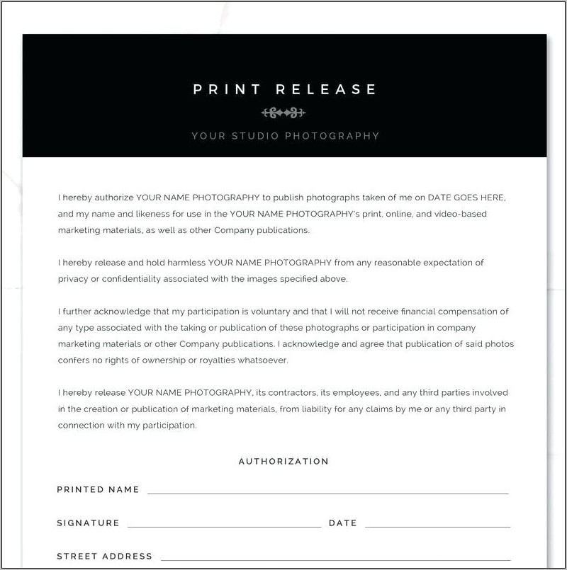 Photography Print Release Form Template