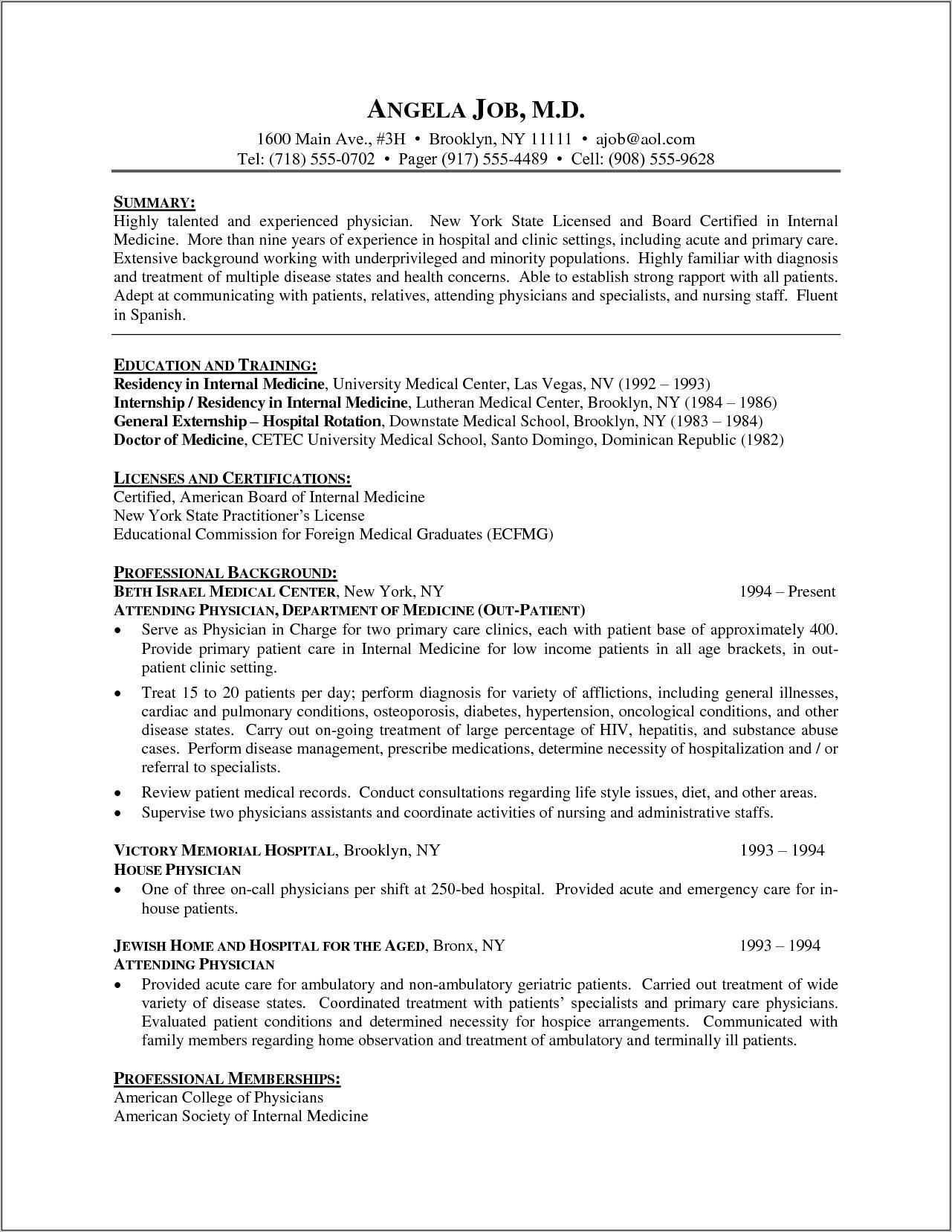 Physician Resume Sample Template