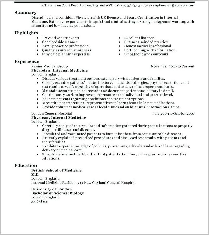 Physician Resume Template Word