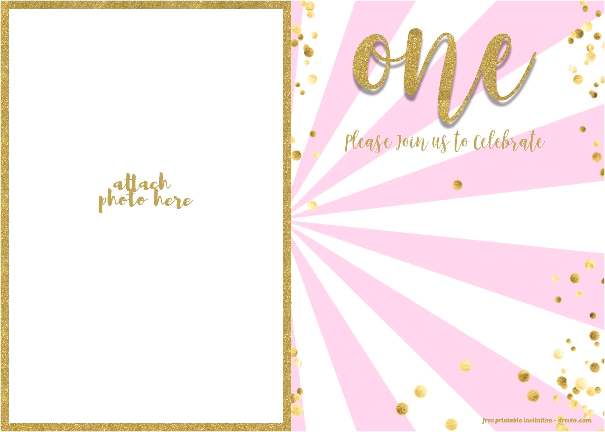 Pink And Gold 1st Birthday Invitation Template