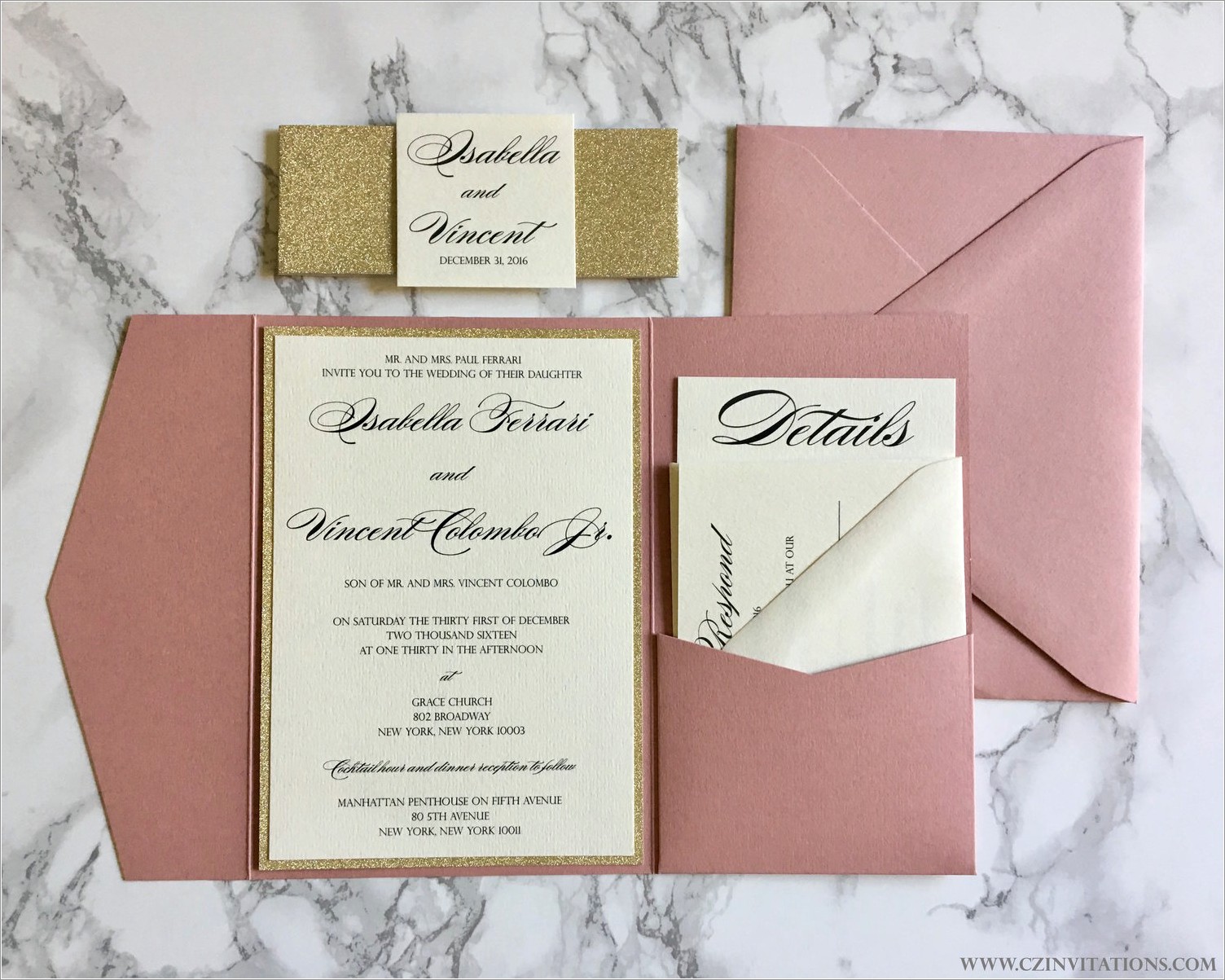 Pink And Gold Glitter Wedding Invitations