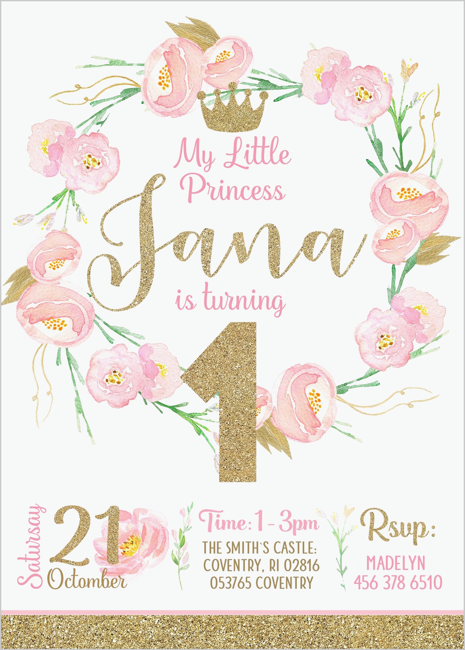 Pink White And Gold 1st Birthday Invitations