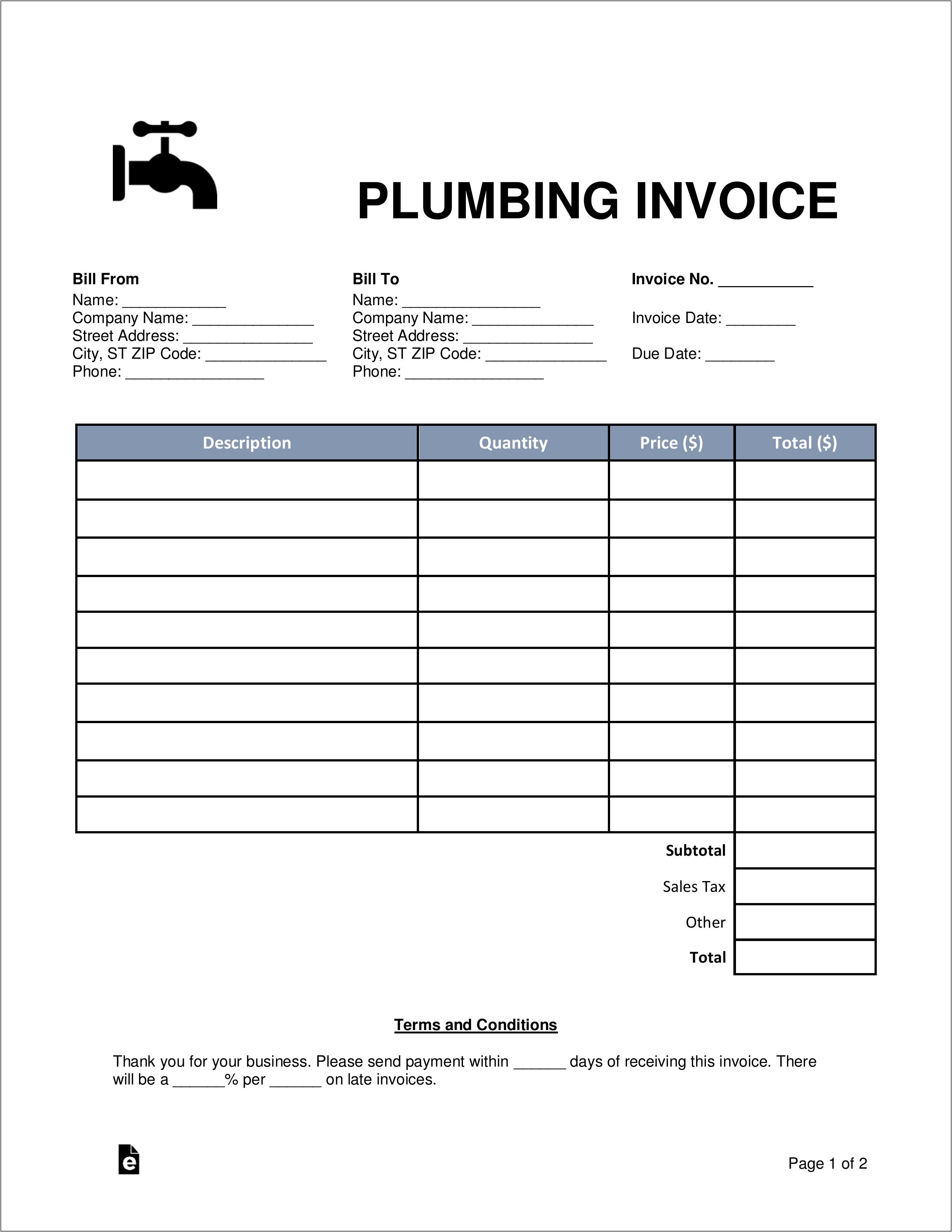 Plumbers Invoice Template Uk