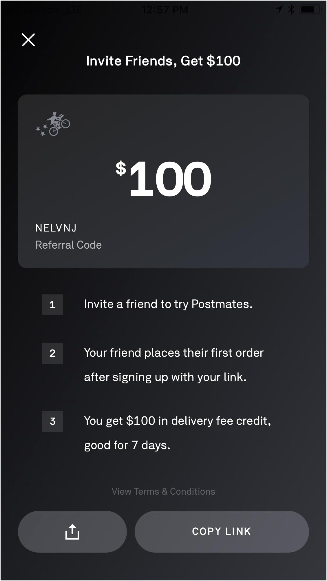 Postmates Invite Friends Get 100