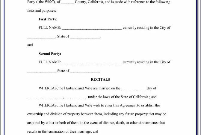 Postnuptial Agreement Form California