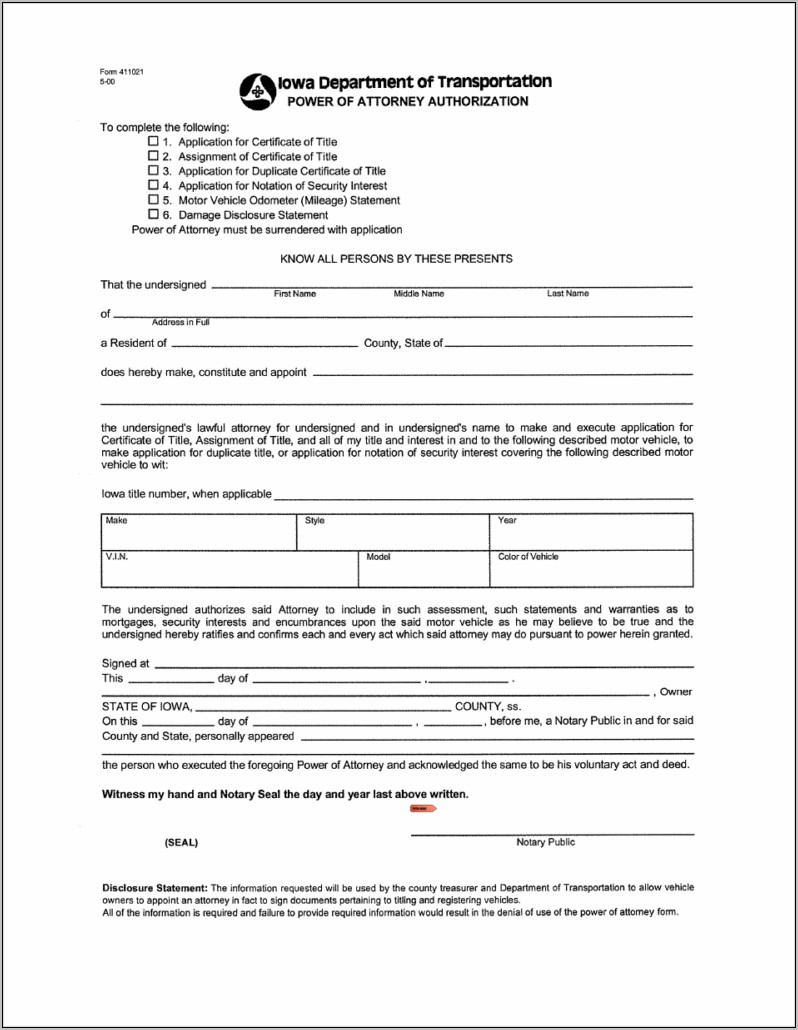 Power Of Attorney Form Texas Motor Vehicle
