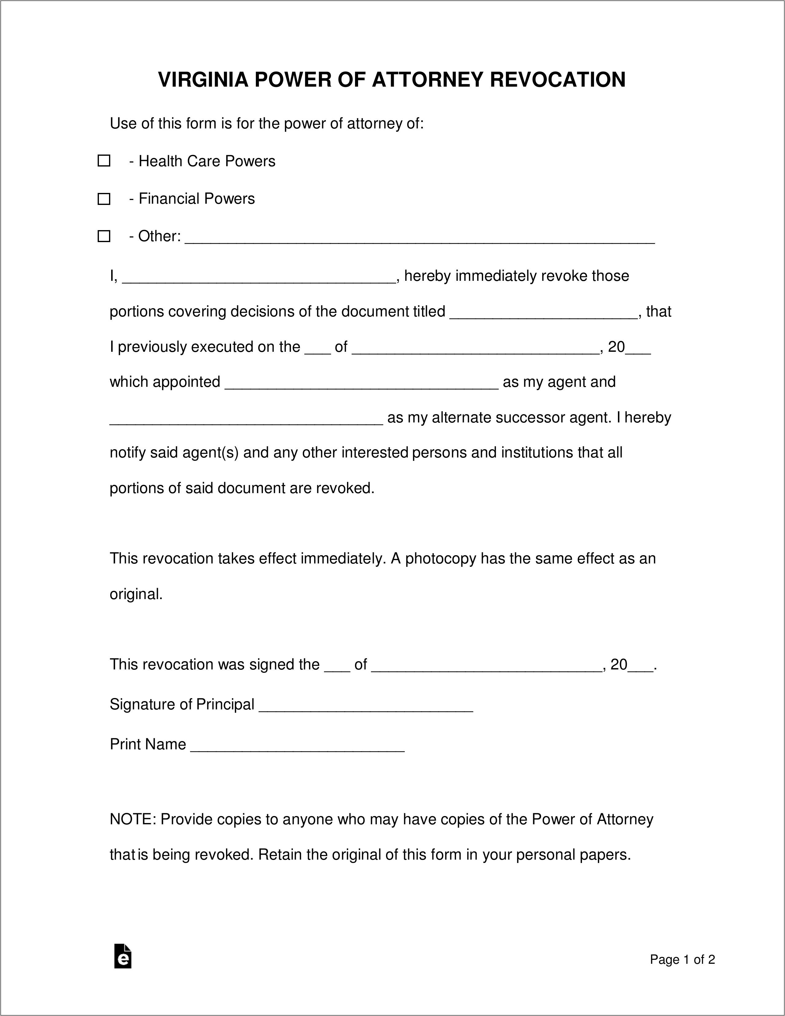 Power Of Attorney Form Virginia Free