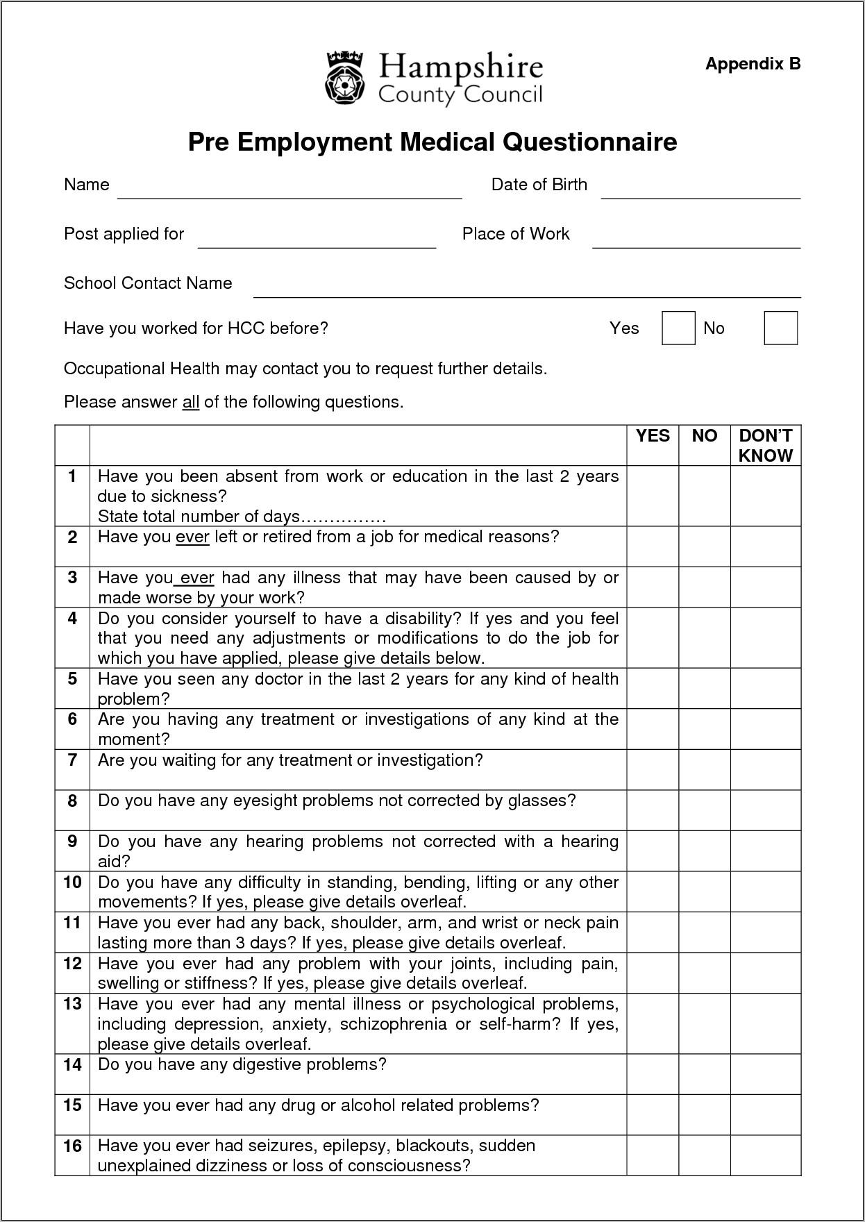 Pre Employment Medical Questionnaire Sample