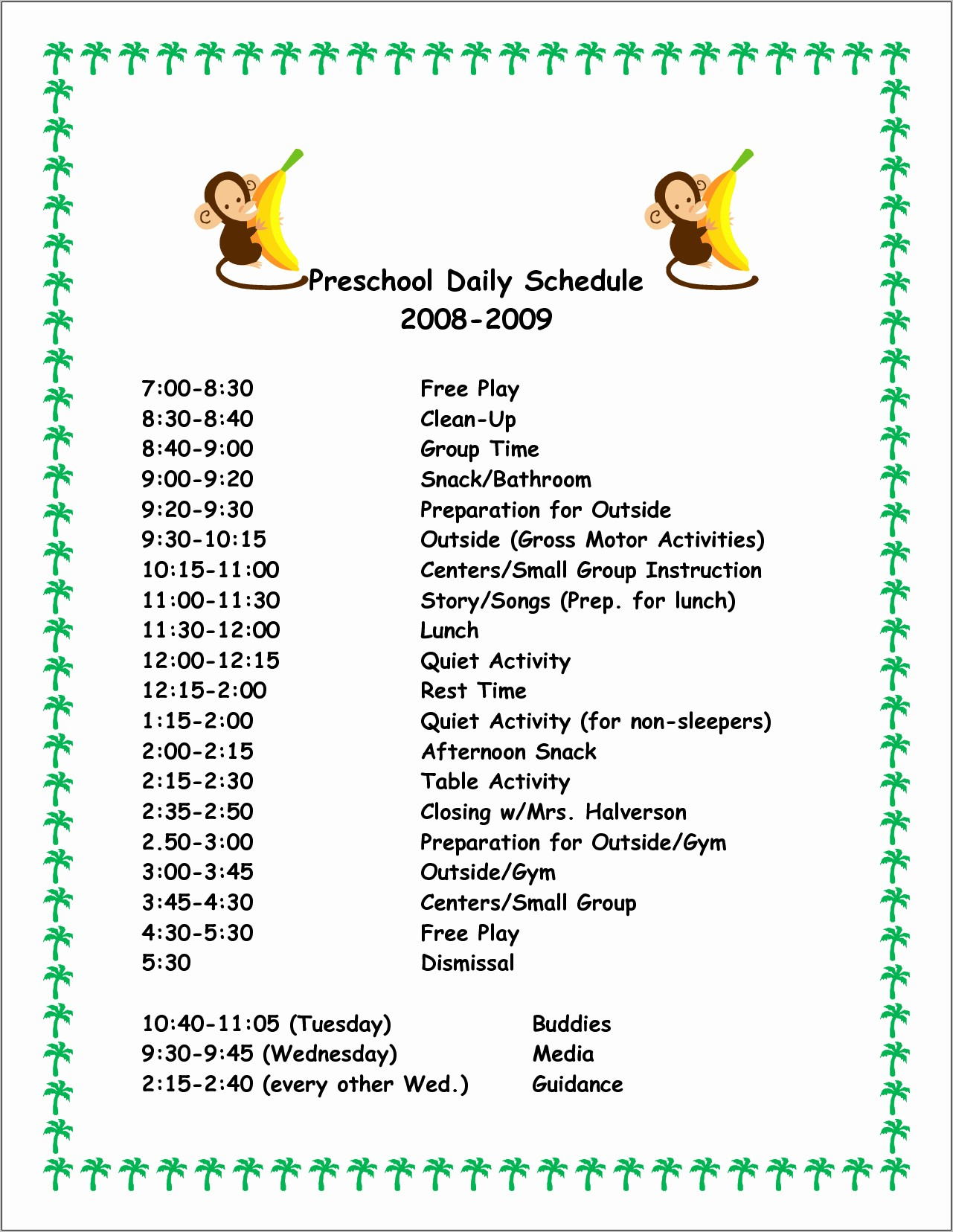 Preschool Daily Schedule Template Printable