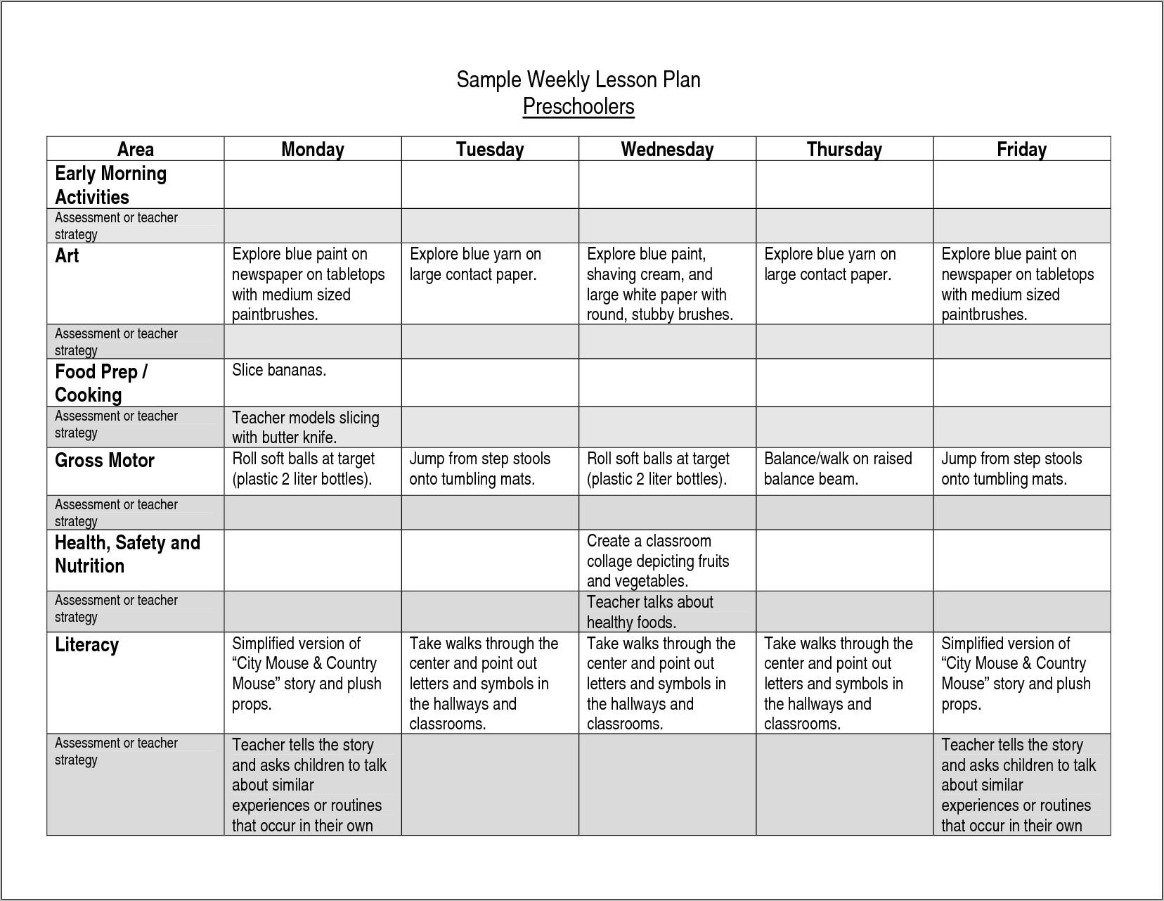 Preschool Weekly Plan Template