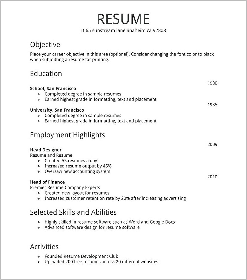 Print A Free Resume
