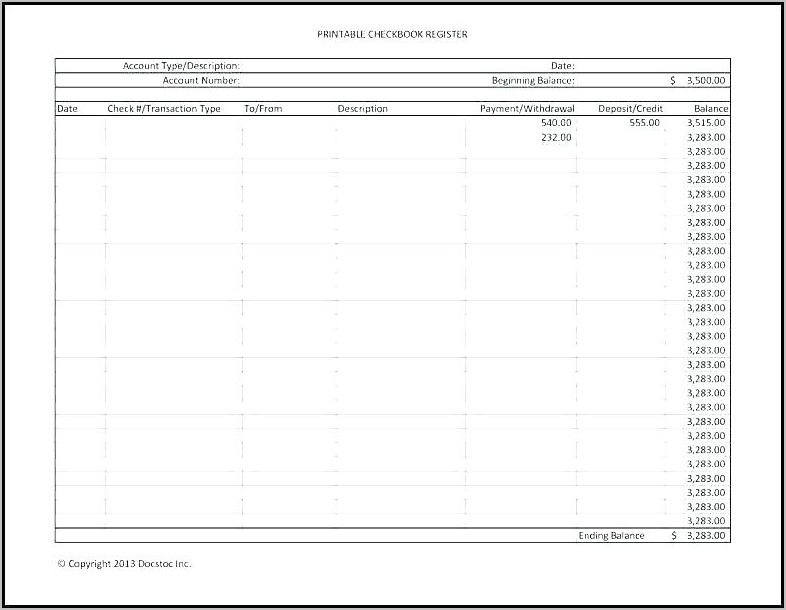 Printable Blank Checkbook Register Template