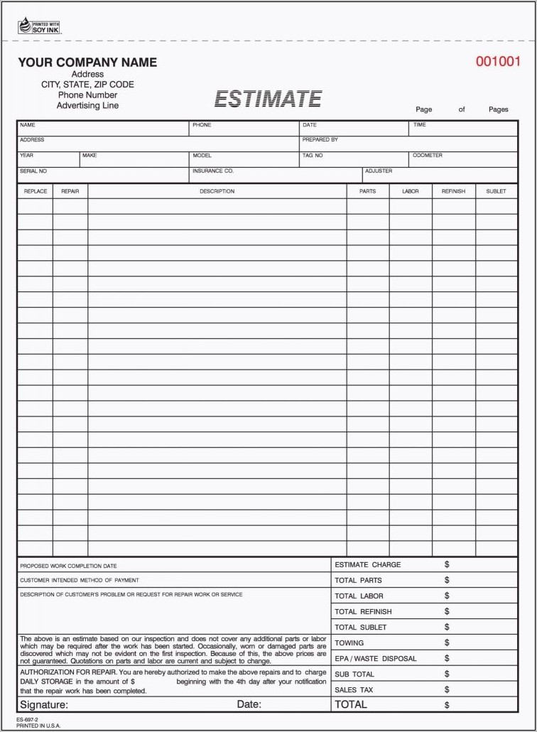 Printable Body Shop Estimate Forms