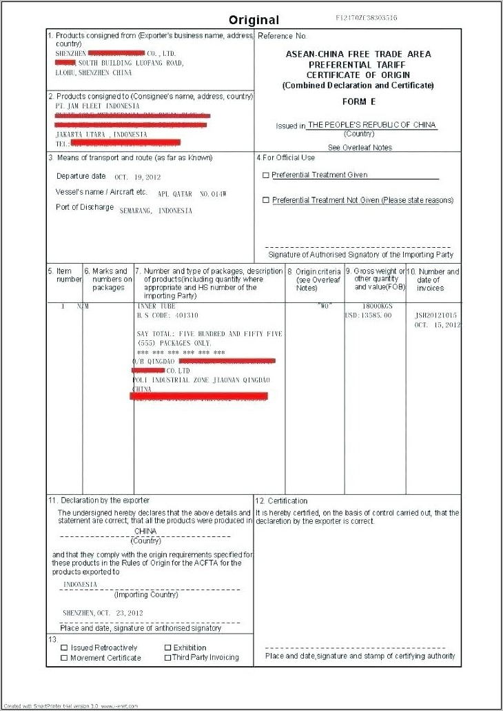 Printable Certificate Of Origin Form