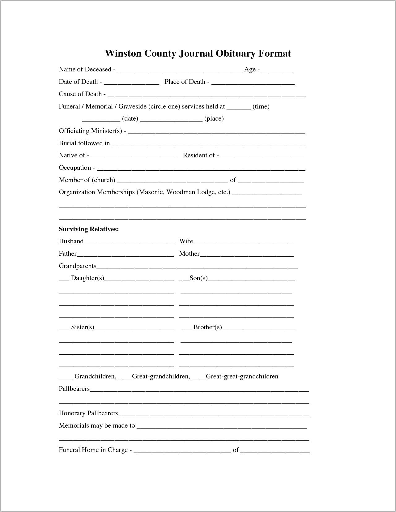 Printable Funeral Obituary Templates For Microsoft Word