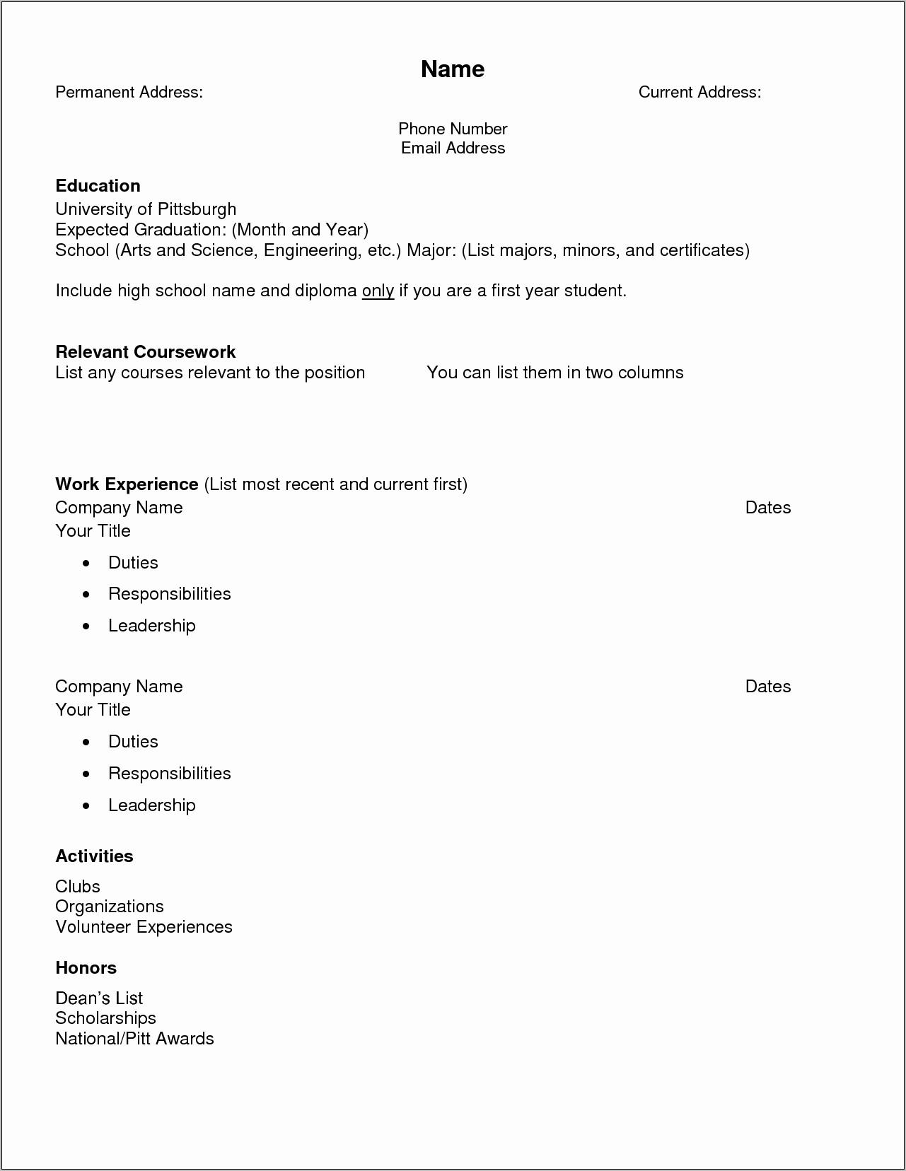 Printable Resume Template For High School Students