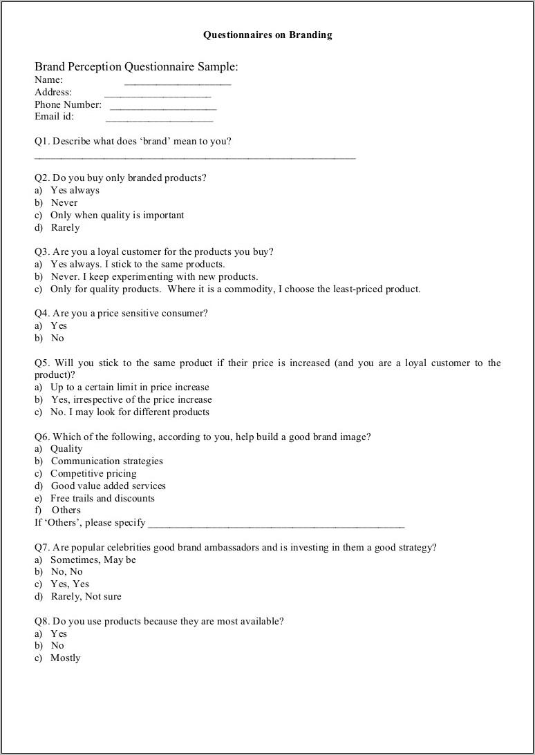Product Survey Questionnaire Sample Pdf
