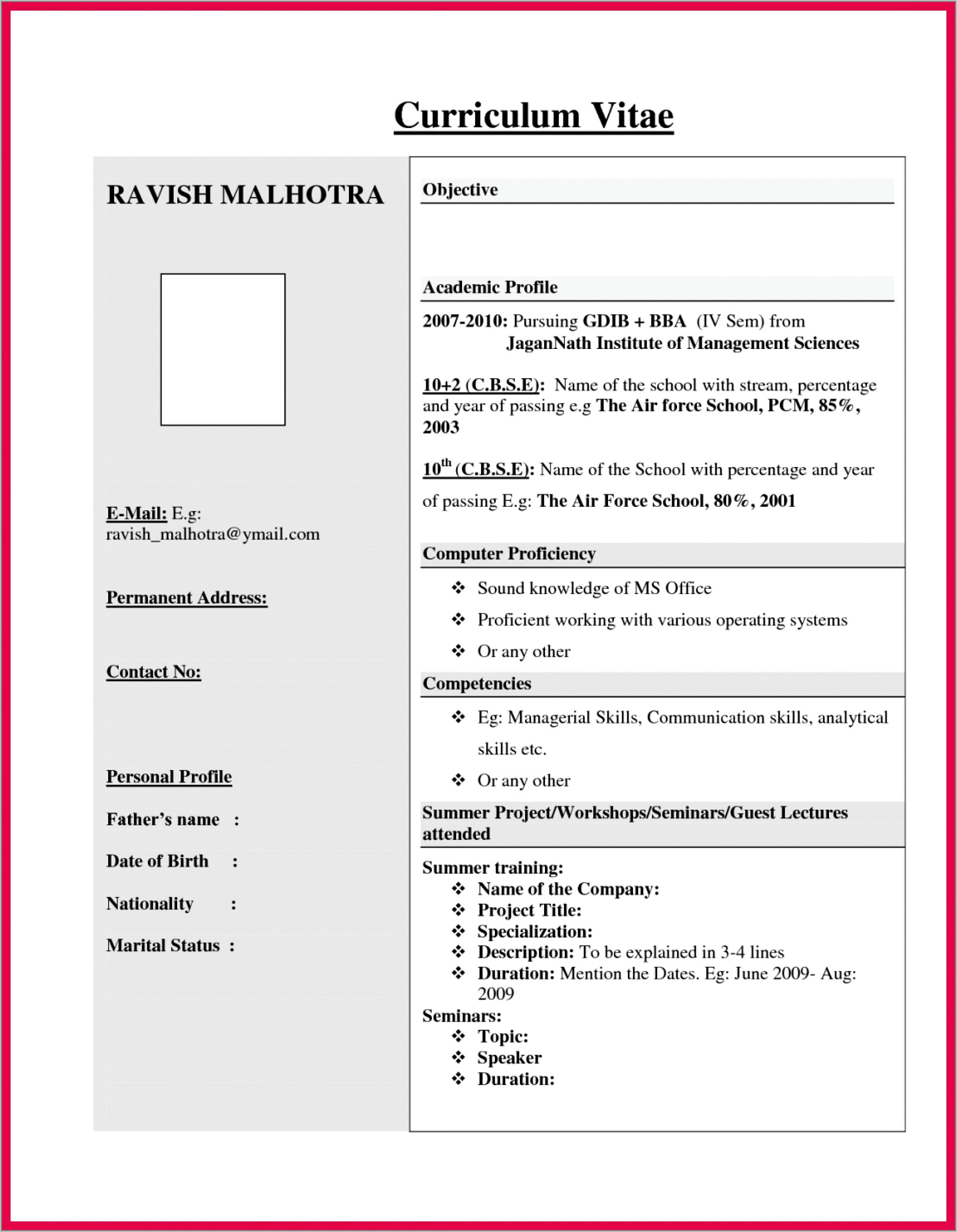 Professional Resume Format For Freshers Pdf Download