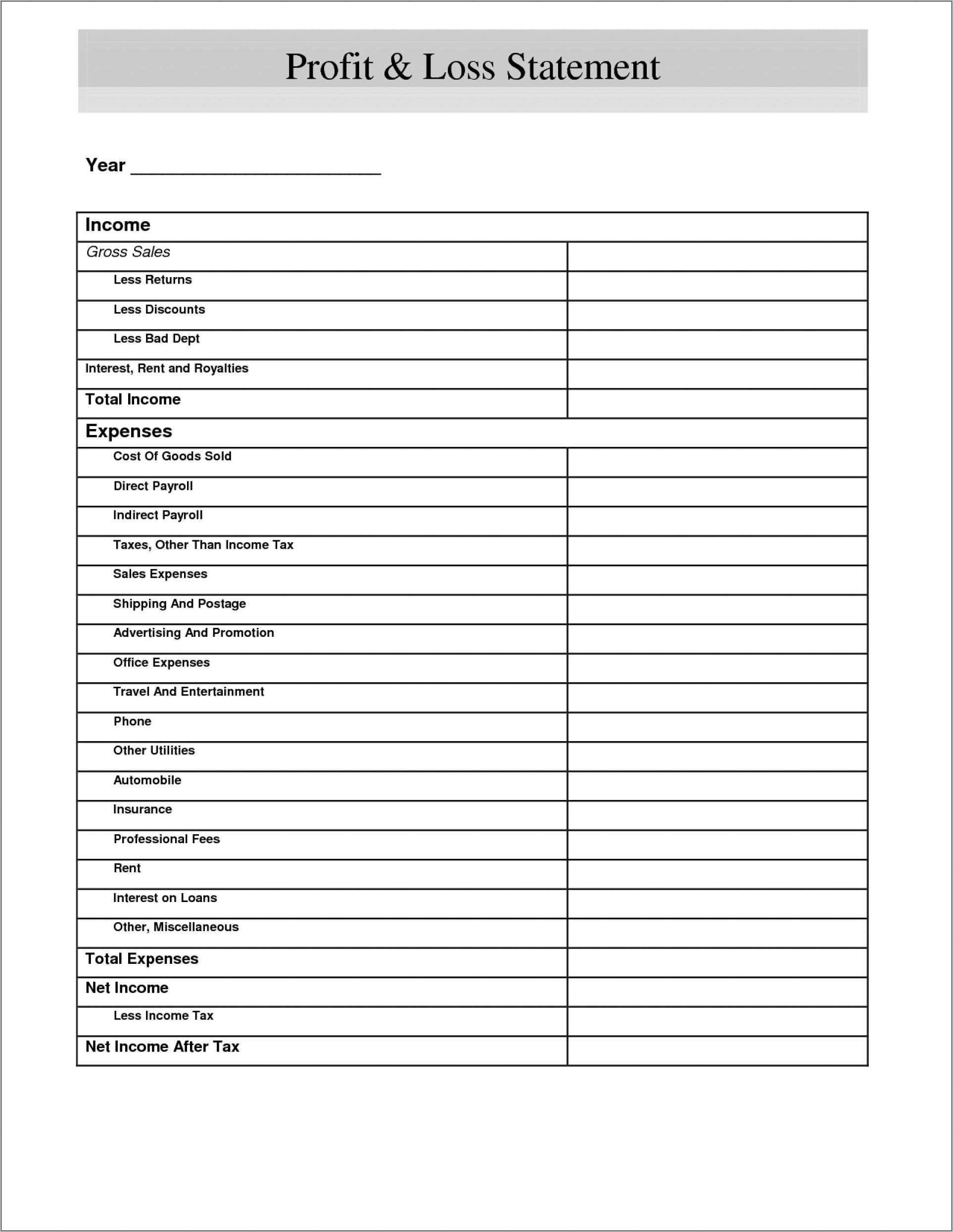 Profit And Loss Statement Template Free