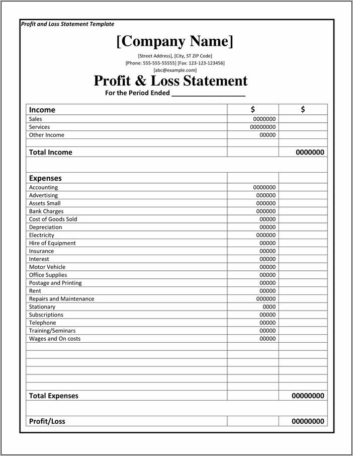 Profit And Loss Statement Template Pdf