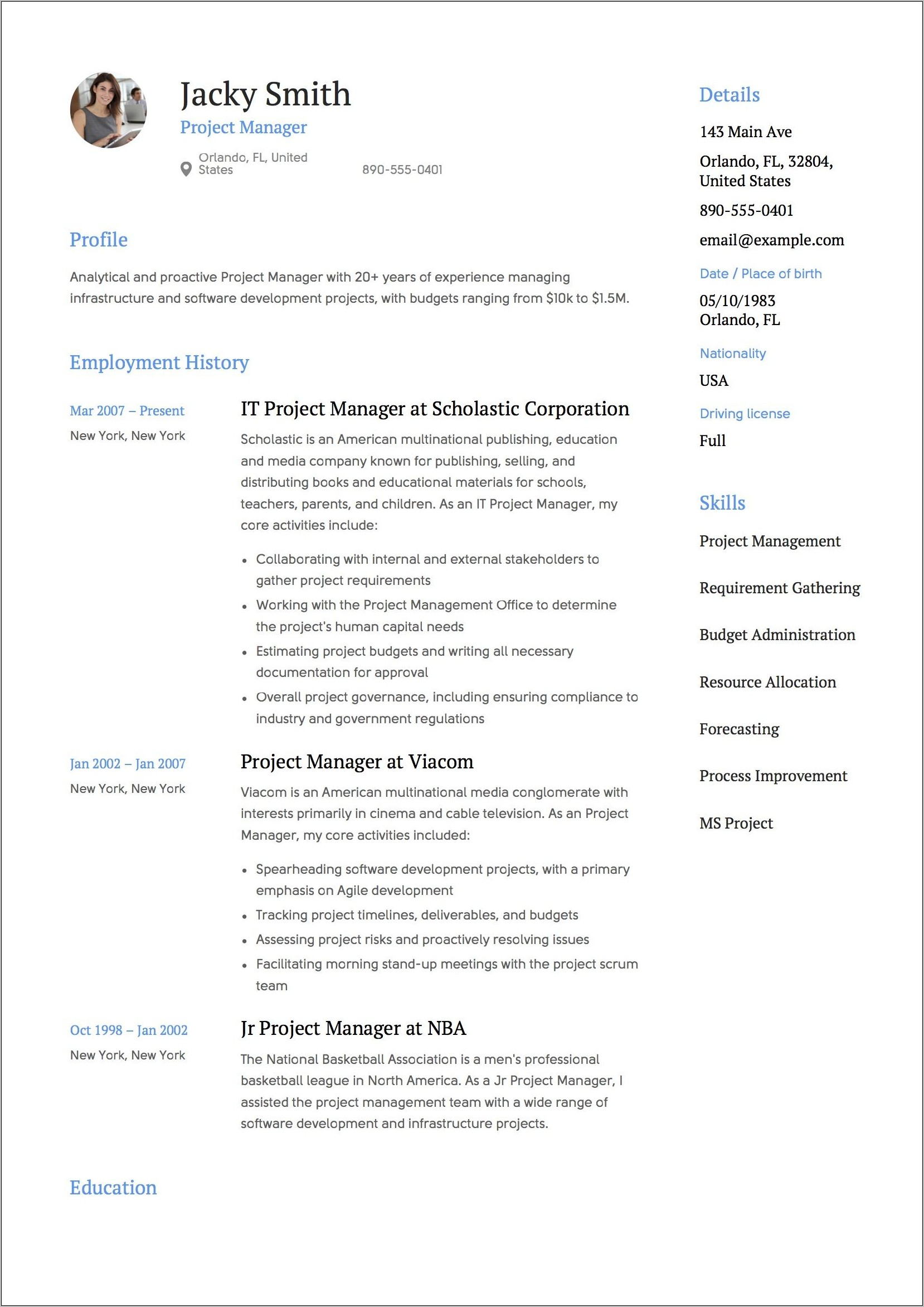 Project Manager Cv Template Free