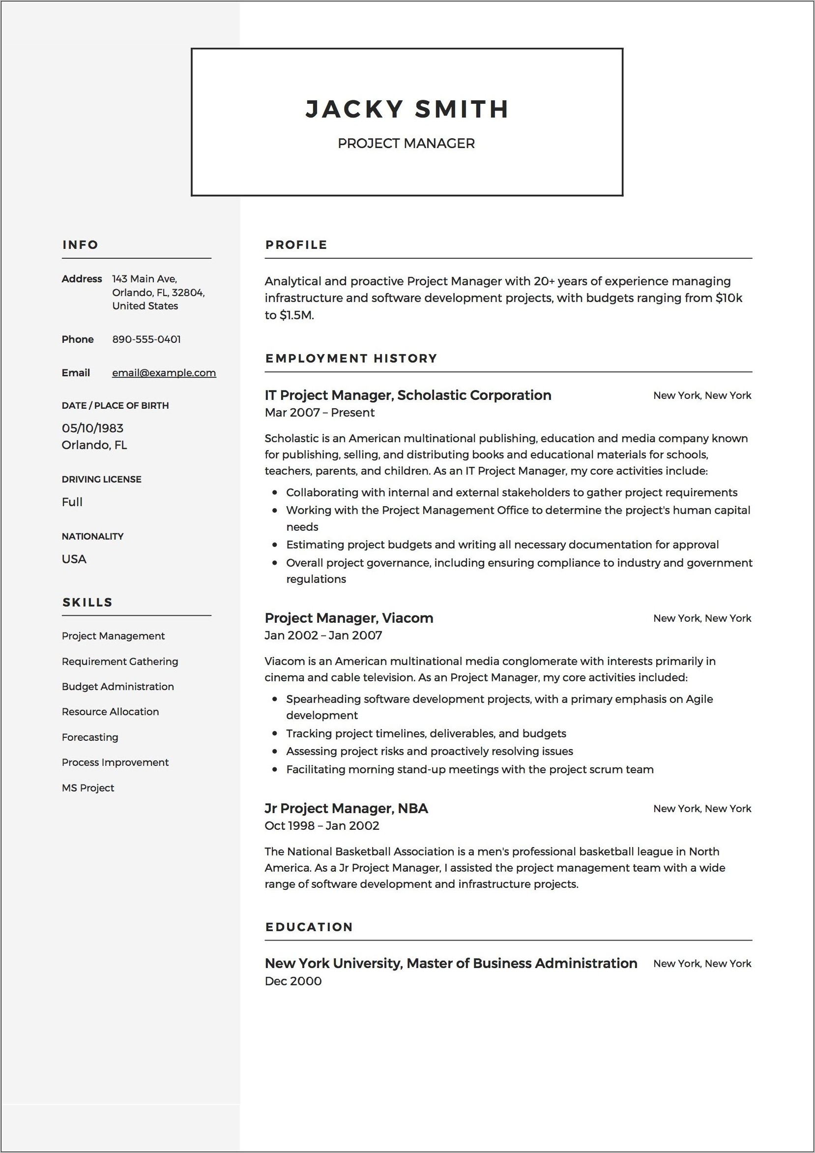 Project Manager Resume Template Free