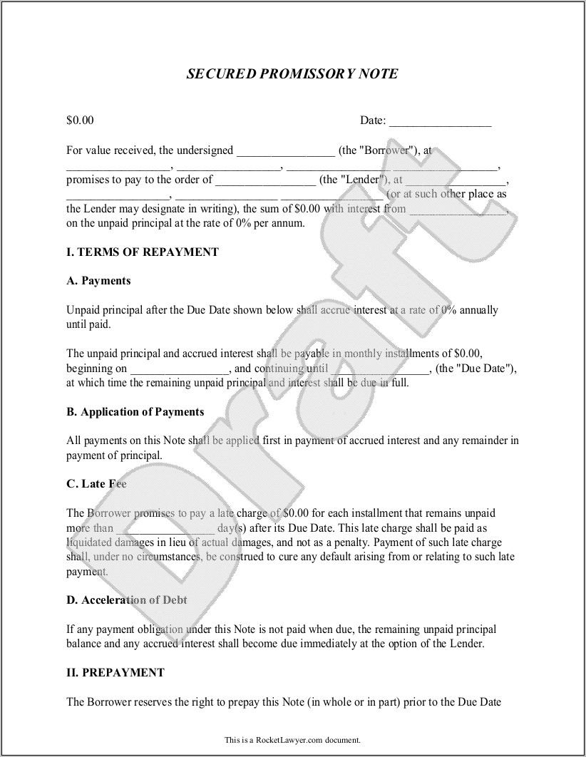 Promissory Note Sample Form Template