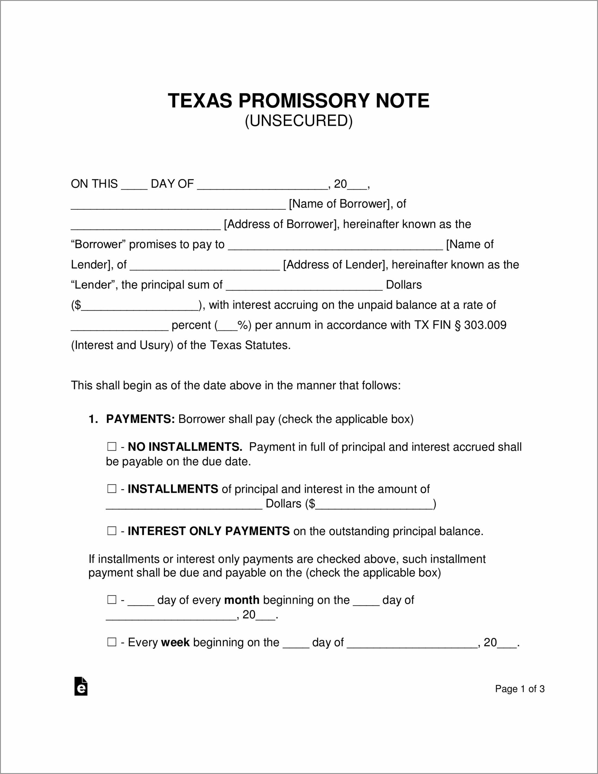 Promissory Note Template Texas Free