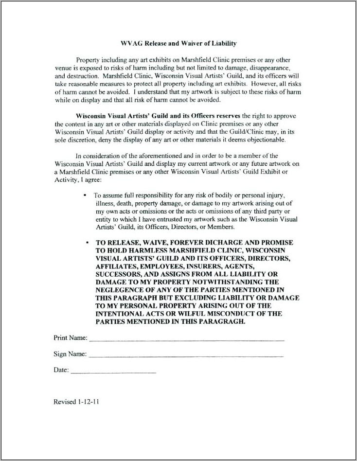 Property Damage Release Form Agreement