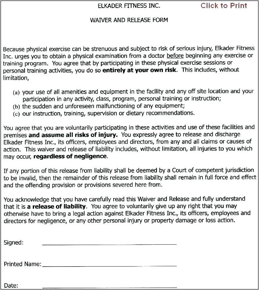 Property Damage Release Form Example