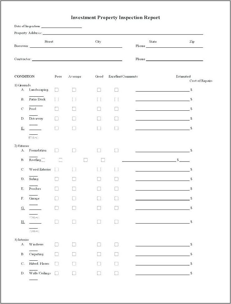 Property Inspection Form Template Nz