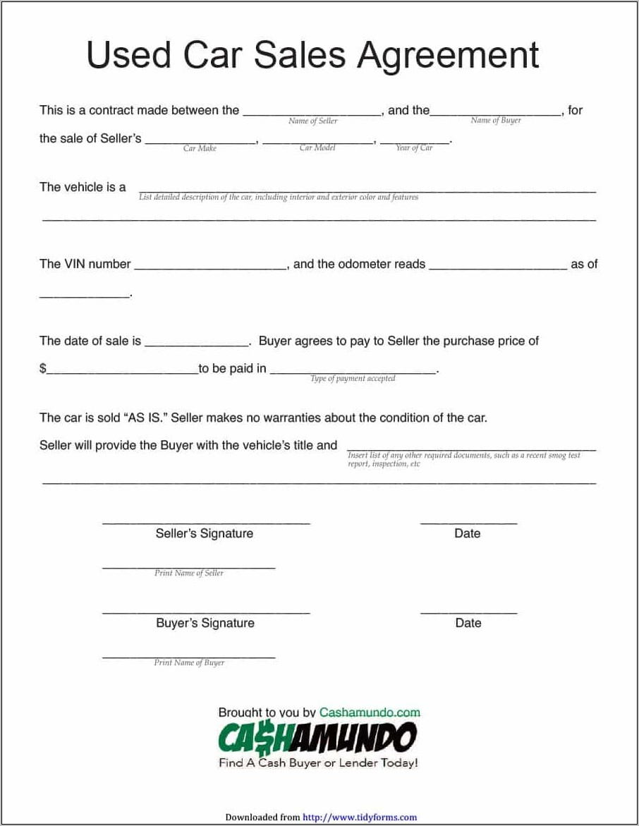 Purchase And Sale Agreement Sample For Car