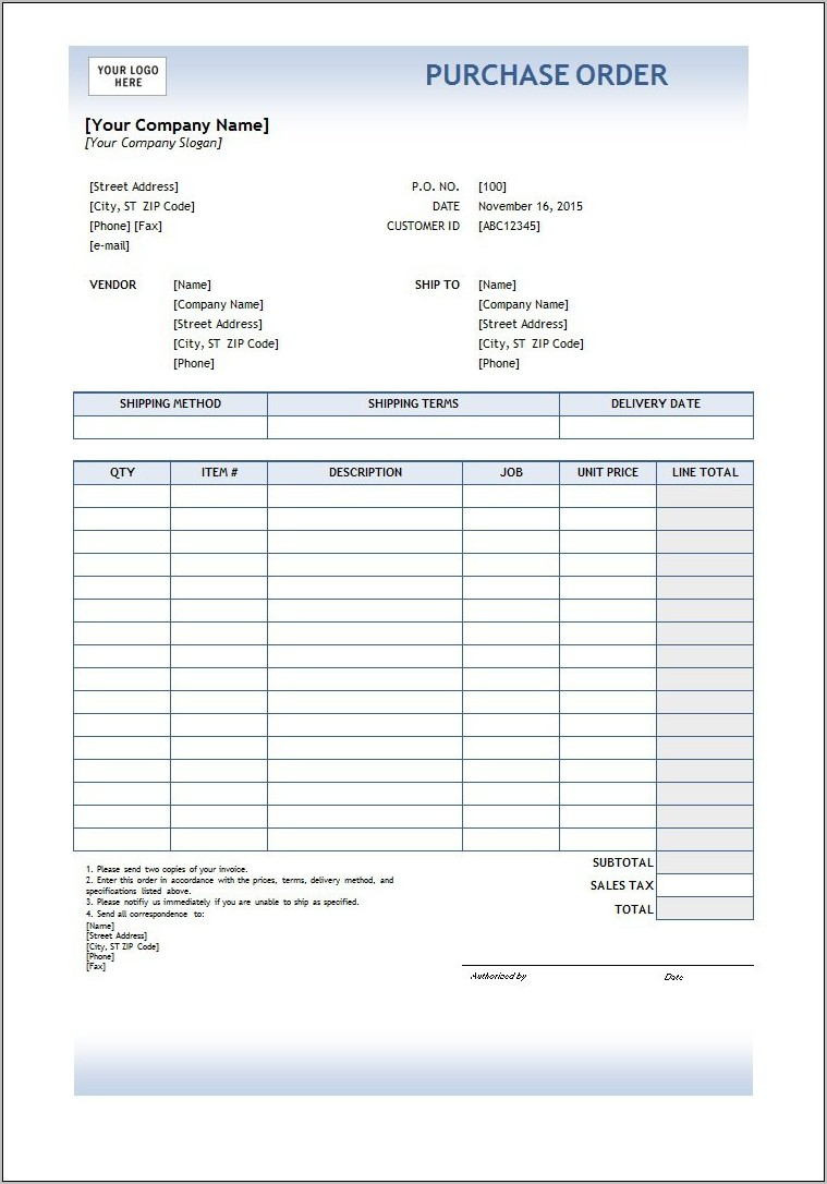 Purchase Order Template Word Free