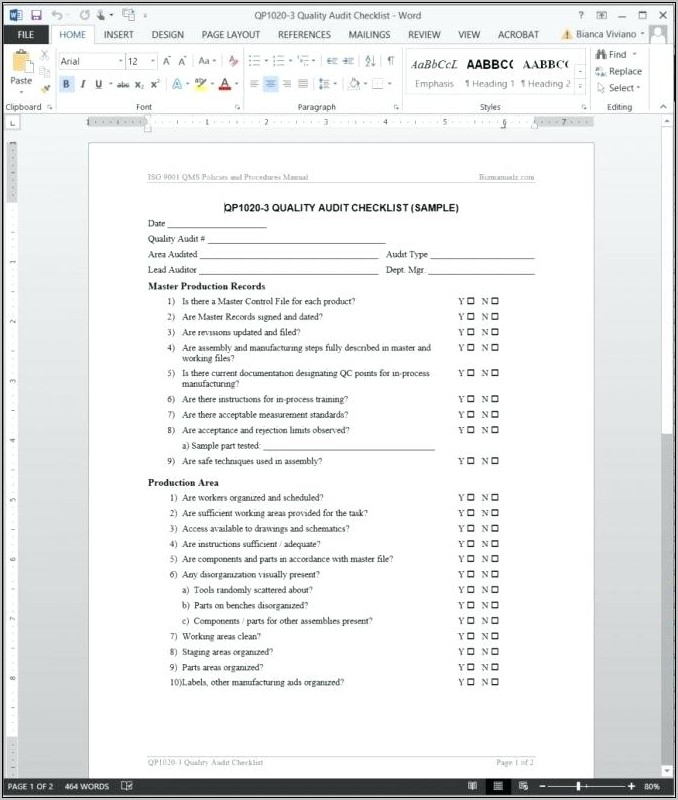 Quality Audit Checklist Sample