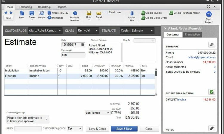 Quickbooks Default Estimate Template