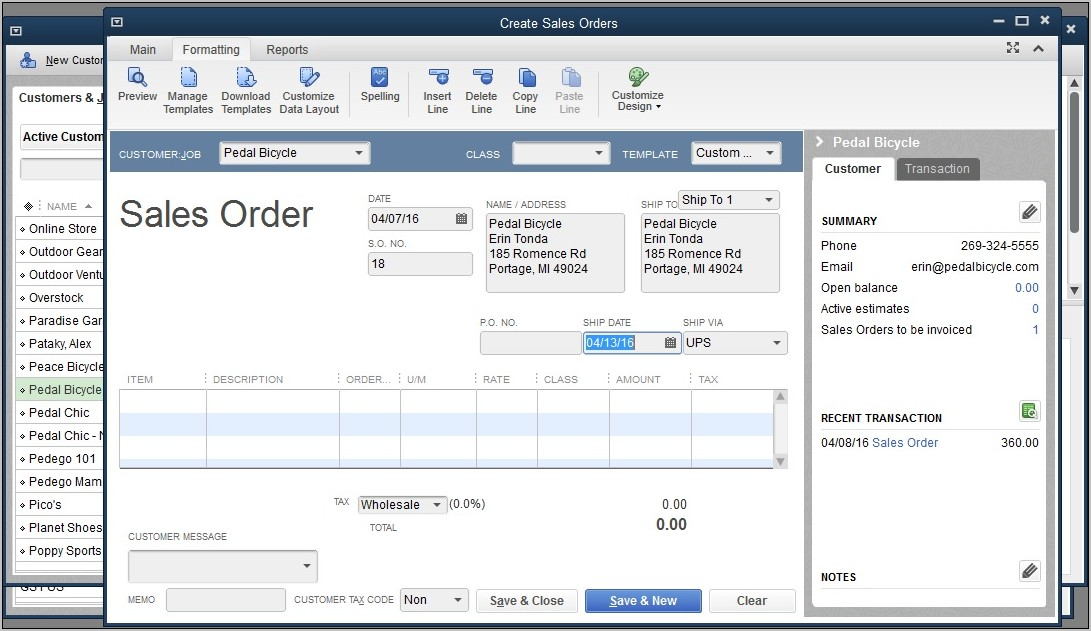 Quickbooks Modify Sales Order Template